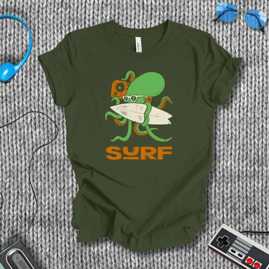 Surf Octopus Boombox T-Shirt Printify