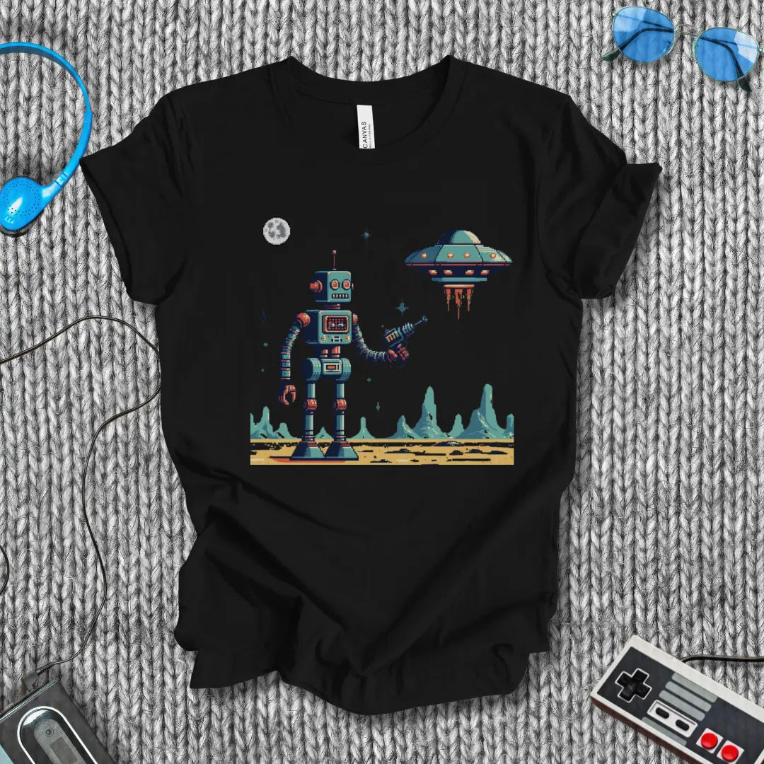 First Contact – Retro Robot vs UFO Sci-Fi T-Shirt Bella+Canvas