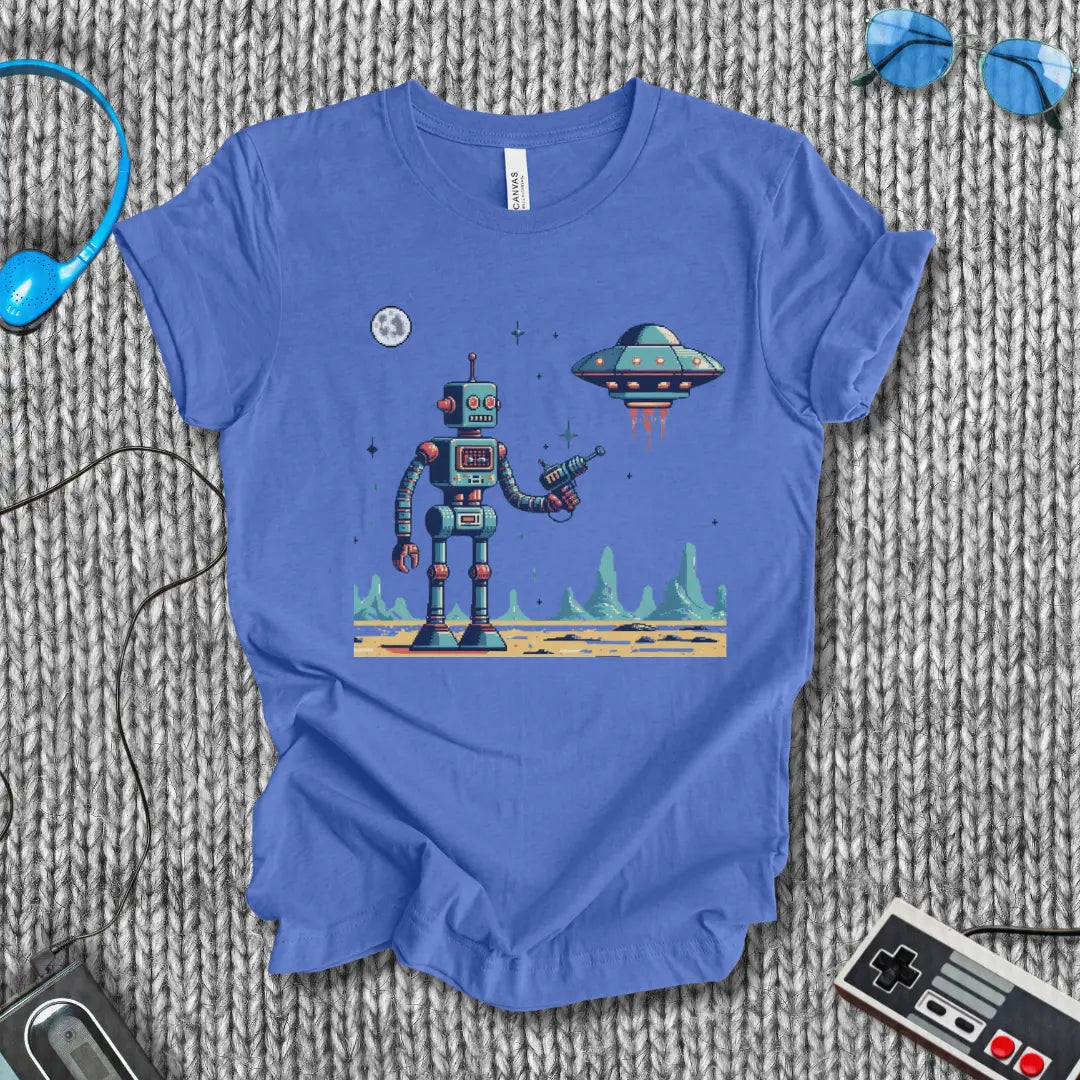 First Contact – Retro Robot vs UFO Sci-Fi T-Shirt Bella+Canvas