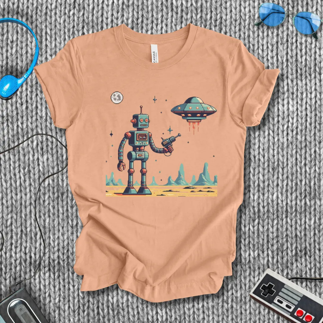 First Contact – Retro Robot vs UFO Sci-Fi T-Shirt Bella+Canvas