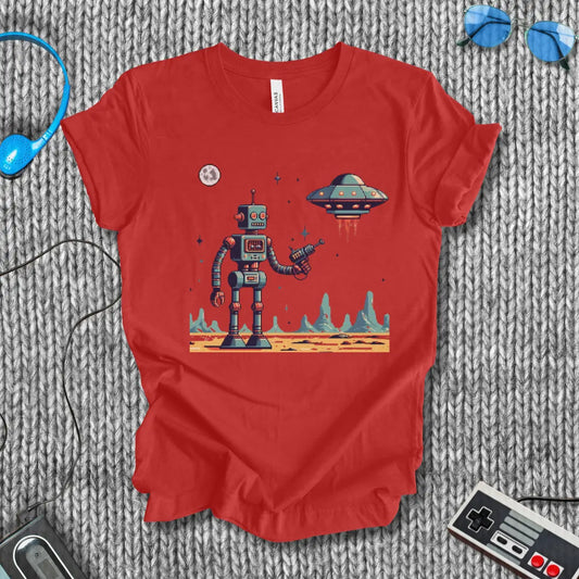 First Contact – Retro Robot vs UFO Sci-Fi T-Shirt Bella+Canvas