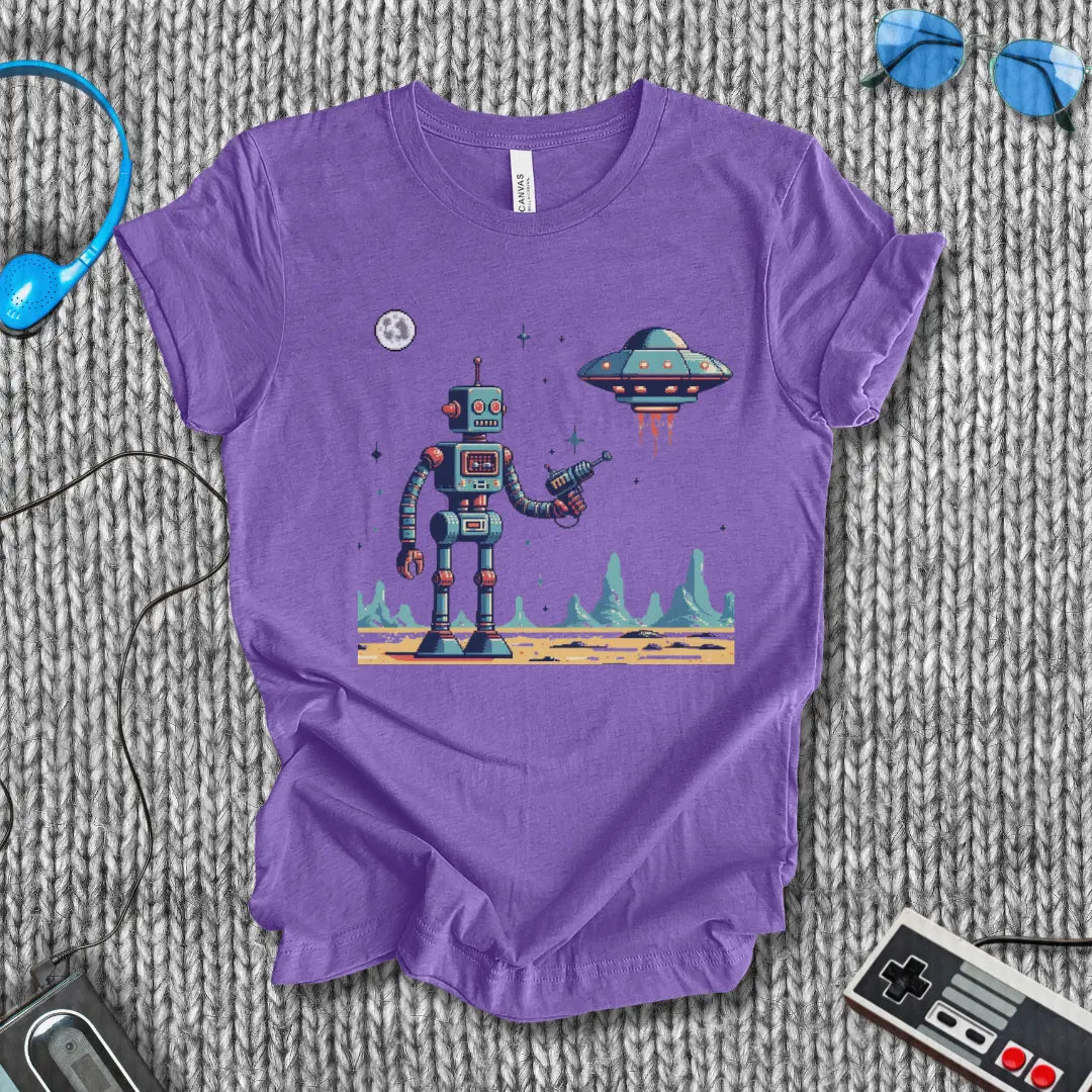First Contact – Retro Robot vs UFO Sci-Fi T-Shirt Bella+Canvas
