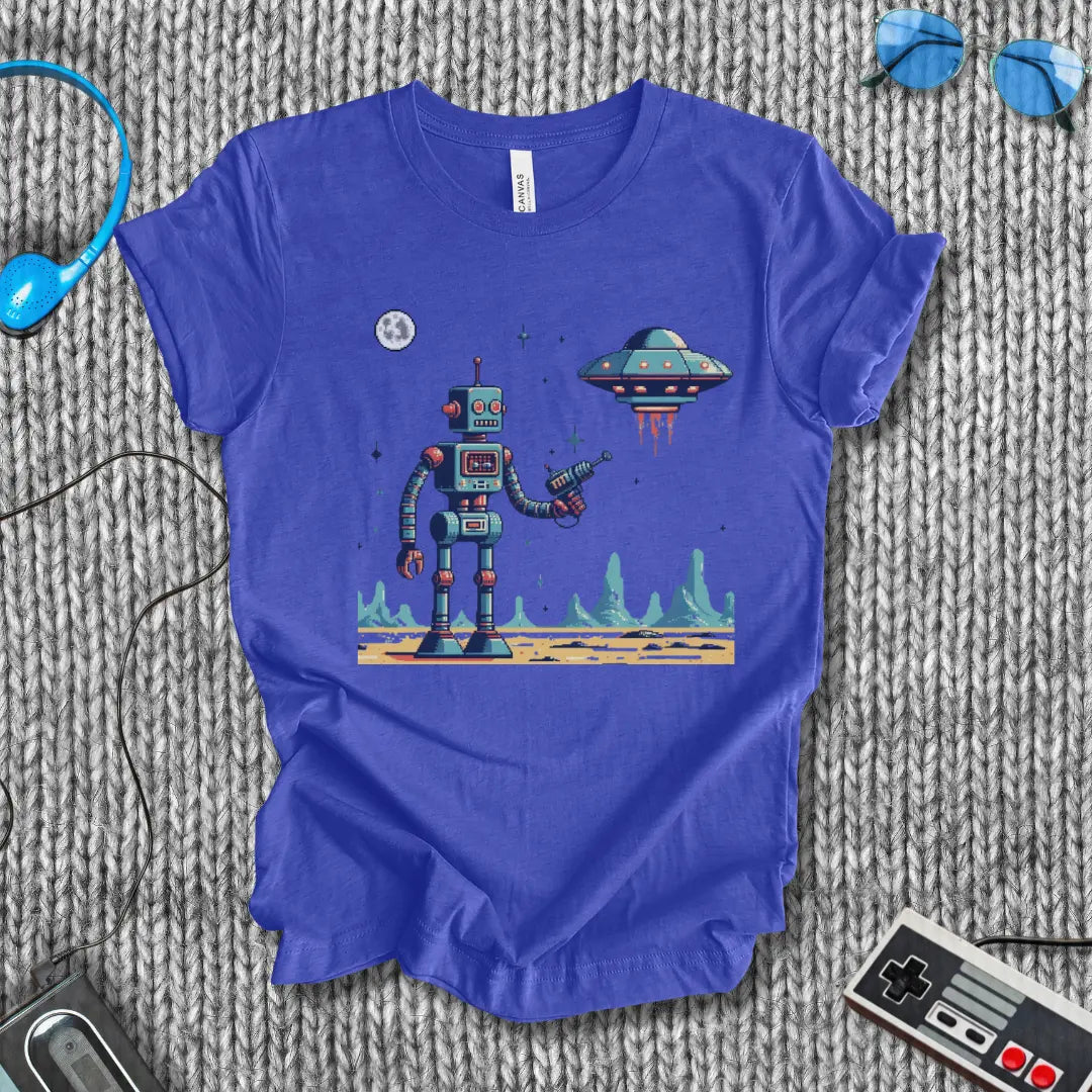 First Contact – Retro Robot vs UFO Sci-Fi T-Shirt Bella+Canvas