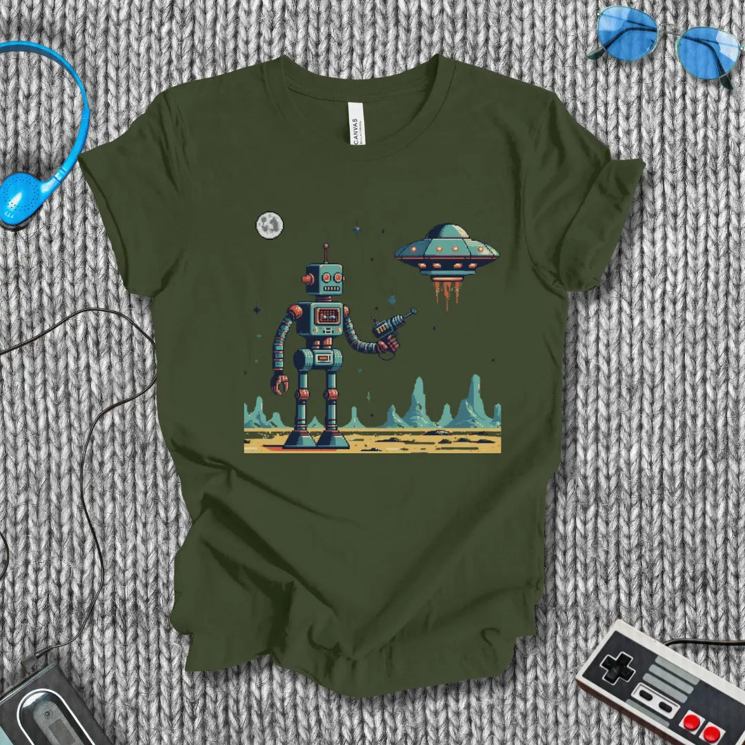 First Contact – Retro Robot vs UFO Sci-Fi T-Shirt Bella+Canvas