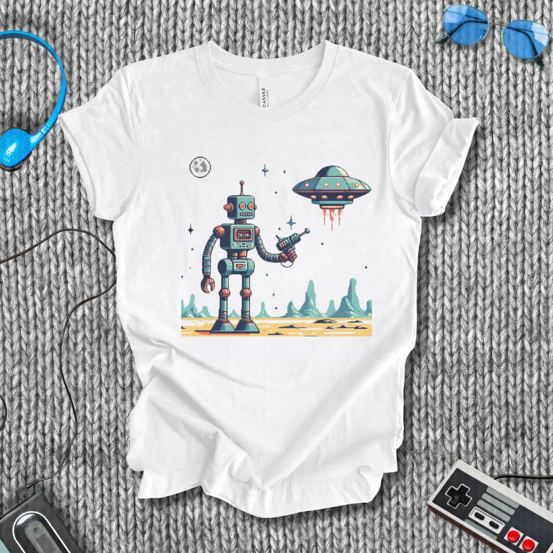 First Contact – Retro Robot vs UFO Sci-Fi T-Shirt Bella+Canvas