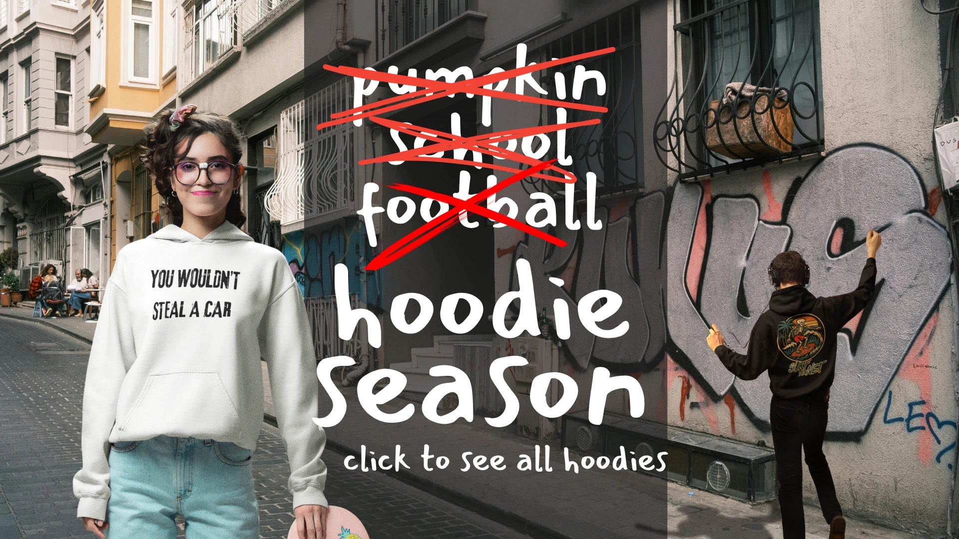 girl wearing retro white hoodie with text "you wouldn't steal a car" from anti-piracy ad