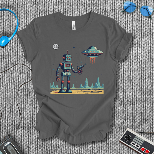 First Contact – Retro Robot vs UFO Sci-Fi T-Shirt
