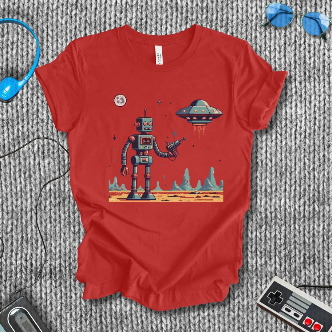 First Contact – Retro Robot vs UFO Sci-Fi T-Shirt Bella+Canvas